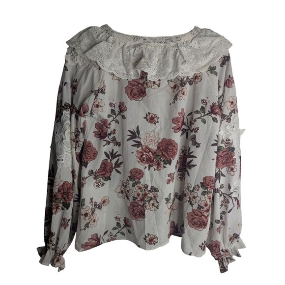 Pol Peasant Blouse Women's Sz S Lace Shawl Floral Cottagecore Feminine Flowy - Picture 6 of 11